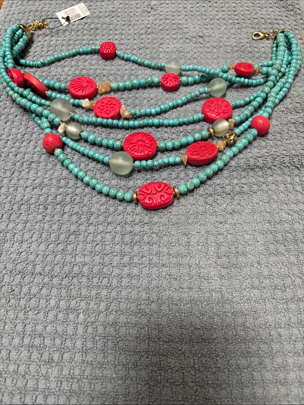 Chico's Turquoise and Red Multi-Strand Beaded Statement Necklace